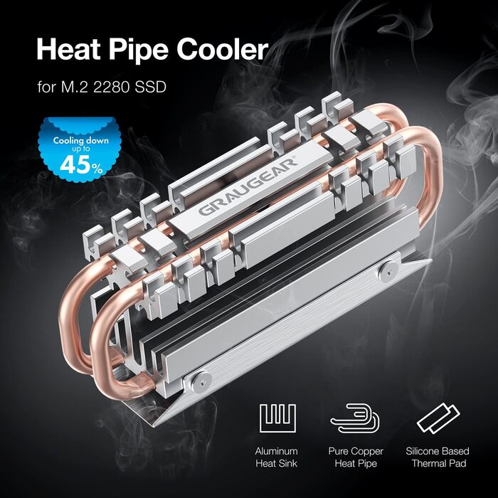 Радіатор для SSD M.2 2280 NVMe SATA з тепловою трубою, подвійний мідний радіатор, алюмінієва пластина, 2 термопади, 3.4 см [G-M2HS06]