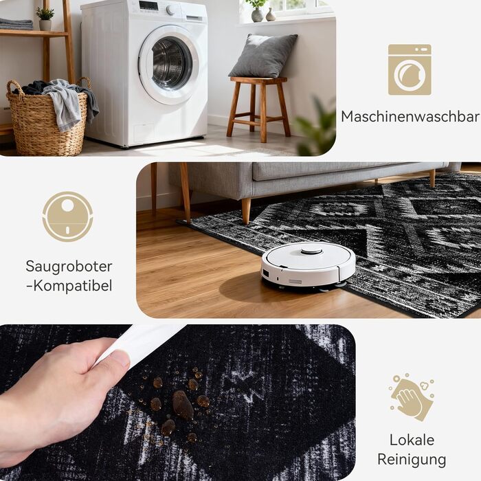 Килимок-довгий килим для коридору, кухні, вітальні та офісу. Нековзкий, з коротким ворсом, пральний, складаний, у стилі бохо, чорно-білий (60 x 180 см)