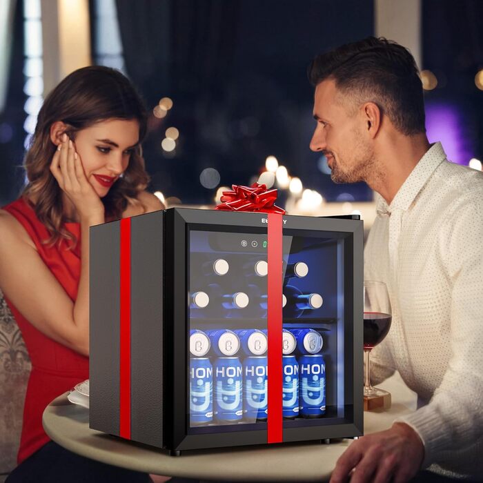 Міні-холодильник EUHOMY для напоїв на 55 банок, чорний, 36L, з дверцятами з прозорого скла, LED-підсвітка, тихий (43dB), для офісу, кімнати, бару