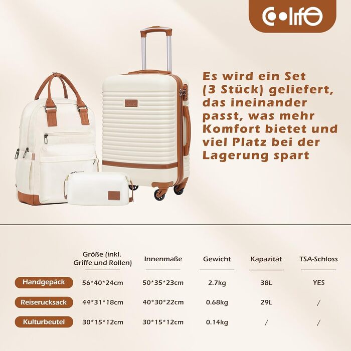 Валіза COOLIFE з ABS-пластику, 3-в-1 (ручна поклажа) з рюкзаком та косметичкою, TSA-замок, 4 колеса (білий/коричневий)