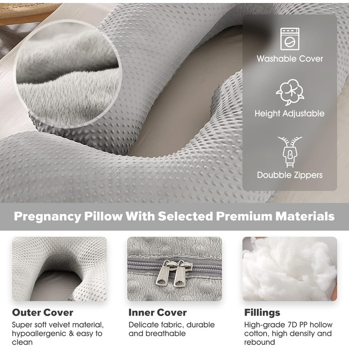 Подушка для вагітних Elover U-подібної форми, 144 см, знімний чохол, зелений (сірий світлий), поліпропілен