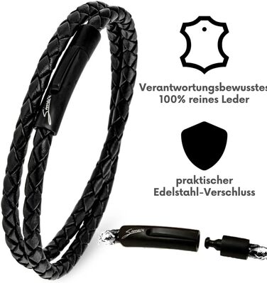 Преміум шкіряний браслет ручної роботи з Німеччини: унісекс, обплетений, з застібкою з нержавіючої сталі (S - до 16 см, чорний)