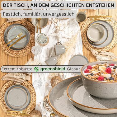 Набір посуду SÄNGER Rio Perlgrau: 12 предметів, керамічний сервіз для 4 осіб (4 тарілки, 4 десертні тарілки, 4 миски). Сервіз сірого кольору, VALUE COLLECTION