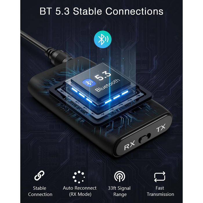 ORIA Bluetooth 5.3 Аудіоадаптер 2-в-1 з AUX, для навушників, колонок, ноутбуків, чорний