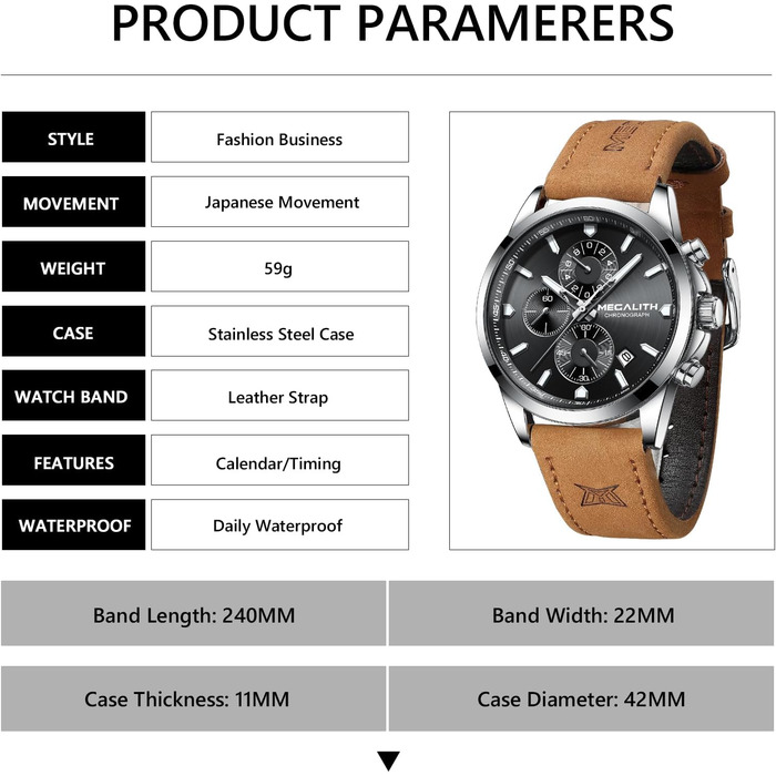 Чоловічий годинник MEGALITH з нержавіючої сталі, хронограф, водонепроникний, великий аналоговий годинник для бізнес-стилю, з календарем та світловим покриттям, коричневий/срібний