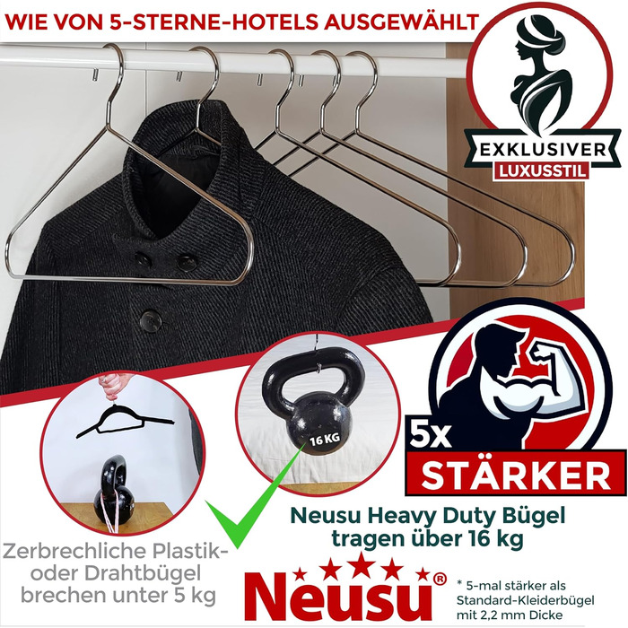 Neusu Clothes Hangers, Metal, Stable, 45cm x 5mm Thick Metal - Extra Strong Coat Hangers in Hotel Quality - (10 Pieces)