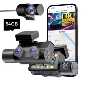 Відеореєстратор для авто 3-Kanal 4K UHD + Full HD (передня 170°, задня 140°, внутрішня 140°) з GPS, WiFi 6, нічним баченням HDR/WDR, 24/7 паркування, 64GB карта пам'яті