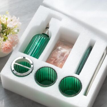 Umimile Bathroom Accessories Set, 6-Piece, Green Glass, Complete Toothbrush Holder, Cup, Lotion Dispenser, Soap Dish, Vanity Tray, Aromatherapy Cup for Apartment, Bathroom Decor