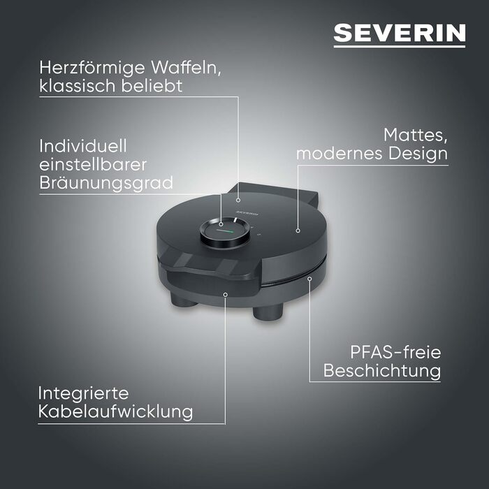Severin Black Line Heart Waffle Maker - PFAS-Free Coating, Indicator Light, Cord Storage, 1000W - WA 2117