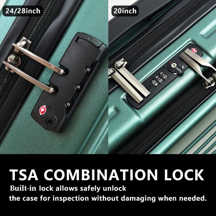 Набір валіз TydeCkare 3-в-1 (55/66/76 см) з TSA замком, зелений. Включає ручну валізу з відділенням для ноутбука (34л, 55x39x20 см), середній (65л) та великий (101л) валіза.