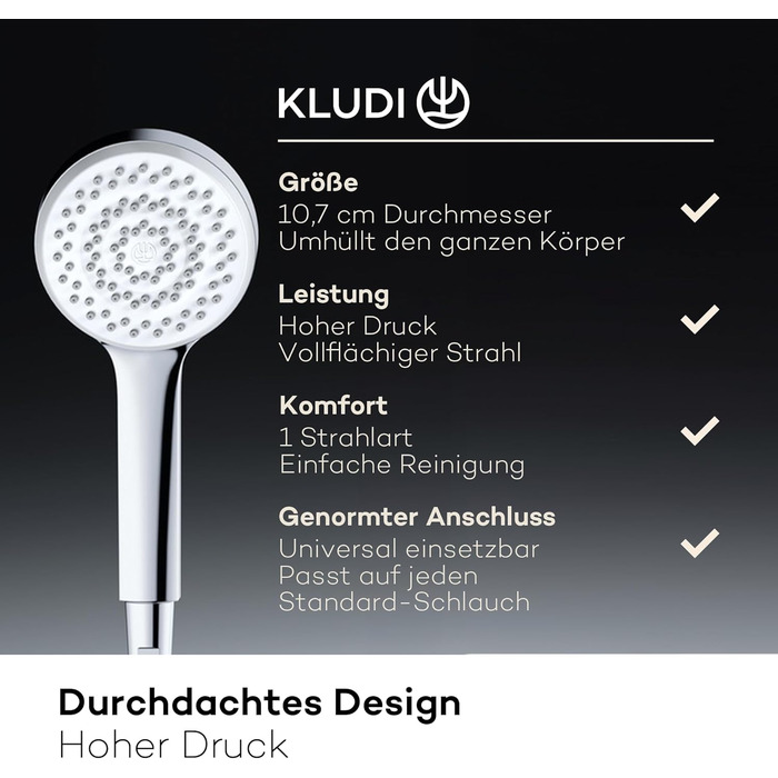 KLUDI-X1 Universal Shower Head with Hose, optional shower spray, water-saving with 3 spray patterns (Body, Hair, Skin), easy-to-clean shower head Ø 10.7 cm, shower hose 1.60 m (Chrome, 1 spray pattern)