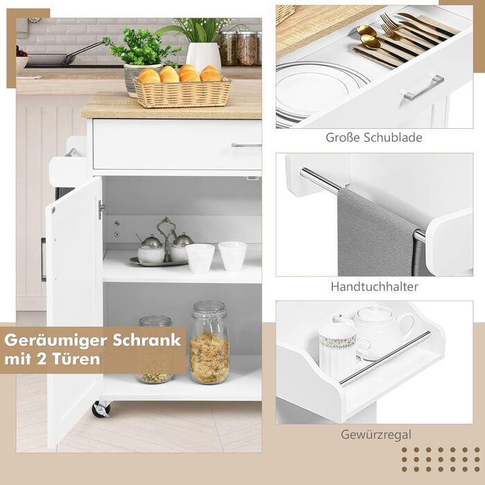 Кухонний візок Giantex на колесах з робочою поверхнею, білий, 116 x 40 x 85 см