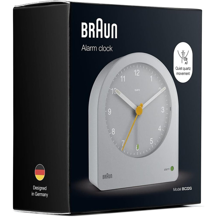 Braun Classic Analog Alarm Clock with Snooze Function and Continuous Backlight, Quiet Quartz Movement, Gradually Increasing Alarm Tone in Grey, Model BC22G.