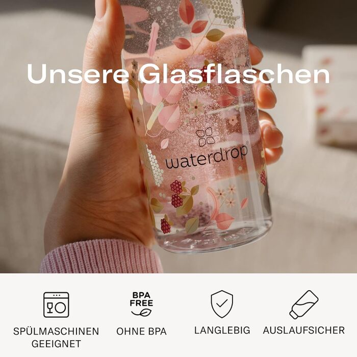waterdrop® Edition Glass Bottle 600ml Drinking Bottle, Leak-Proof Glass, Carbonated Drinks Safe | BPA-Free Water Bottle including Neoprene Sleeve | Dishwasher-Safe, Lightweight Borosilicate Glass Bottle