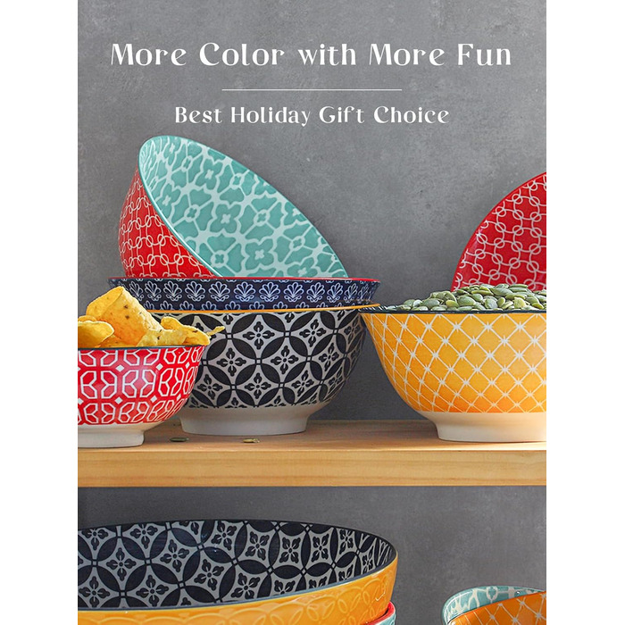 Набір тарілок для мюслі DOWAN (6 шт.), 680 мл, діаметр 15,2 см, кольорові, великі, набір тарілок для вечері, Різдва, супу, салату, кукурудзяних пластівців, з квітковим візерунком