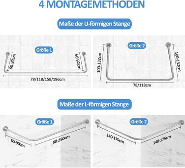 Регульована душова штанга U-подібної/L-подібної форми, 60-92 x 78-196 x 60-92 см, з 12 кільцями для шторки та підпоркою для стелі, для ванни/ванної кімнати, срібна
