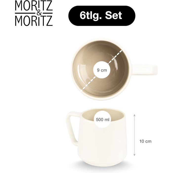 Набір кавових чашок Moritz & Moritz CAVO, 6 шт., пісочний колір, 500 мл, з ручкою, з якісного кераміки. Стильний дизайн для кави, чаю, капучино.