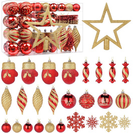 Набір прикрас на ялинку Alupssuc 80 шт. - ялинкові кулі різних форм, з гачками, для святкування Різдва, вечірок та весіль, колір шампань-золото (червоний & золотий)