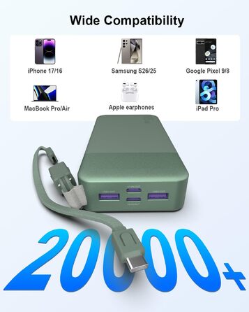 Повербанк NOBIS 20000 mAh 65W з вбудованим кабелем, швидка зарядка, 2x USB-C та 2x USB-A, для ноутбуків, планшетів та смартфонів (Зелений)