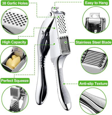 Пресу для часнику з нержавіючої сталі 2-в-1, з подрібнювачем та щіткою для чищення, придатна для миття в посудомийній машині