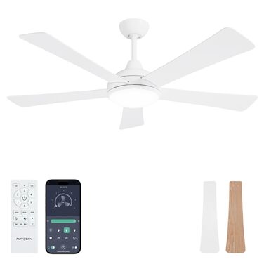 Стеляний вентилятор Holz з підсвічуванням, регулюванням яскравості LED 24W, тихий DC-двигун 38W, діаметр 132 см, з пультом дистанційного керування, таймером, 6 швидкостей (білий та світле дерево)