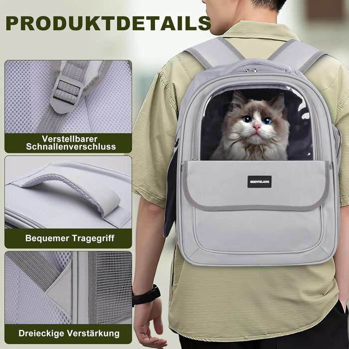 Рюкзак для кота/собаки до 7 кг, дихаючий, з сіткою та страхувальним ремінцем – водонепроникний оксфорд, для подорожей, ветеринара (сірий)