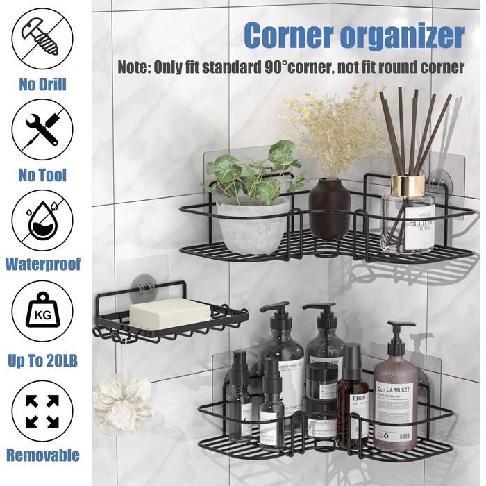 Набір з 3 кутових поличок для душу IMURZ, без свердління, з мильничкою, нержавіюча сталь, органайзер для ванної кімнати