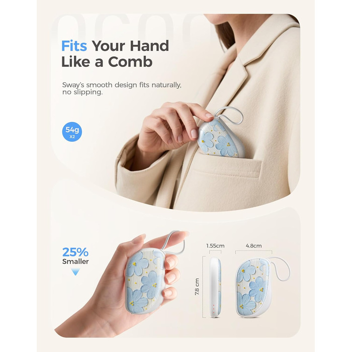 Електричні грілки для рук OCOOPA 2 шт., багаторазові 4000mAh, подарунок на Новий Рік для жінок, 1.5 см, зимові аксесуари, UT5 Sway Wiesengeflüster (Ocoopa x Artist Edition) (Блакитні квіти (Ocoopa x Artist Edition))