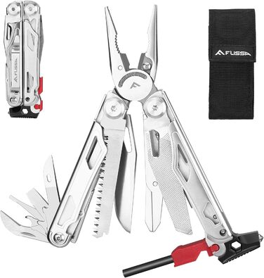 FLISSA 19-in-1 Multifunction Pliers - Multitool with Glass Breaker & Fire Starter - Stainless Steel Camping & Repair Tool with Carrying Case