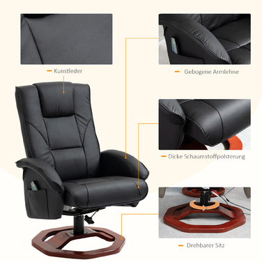 HOMCOM Massage Recliner with Footrest, 360° Swivel, Reclining Chair with Artificial Leather Upholstery, 73 x 83 x 106 cm for Relaxation