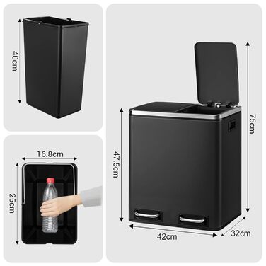 Відро для сміття LIFERUN з двома відсіками, 2 x 15 літрів, металеве, з м'яким закриттям кришки, знімний внутрішній відро, ручки, відро з педаллю, для квартири, маленької сім'ї (Чорний)