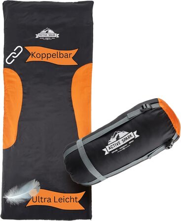 Спальний мішок ACTIVE SPARK зимовий - 3 сезони, літо, водовідштовхувальний та дихаючий, з кишенею для грілки, для кемпінгу, чорний / помаранчевий