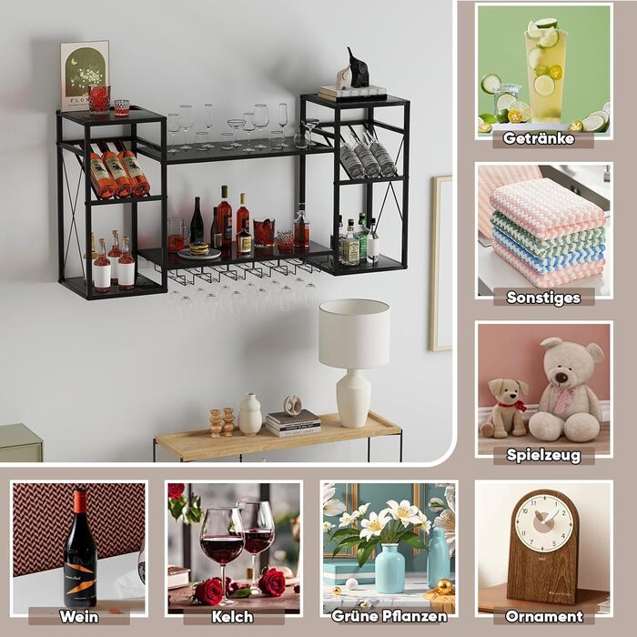 Настінна вітрина для вина UYOYOUS на 2 яруси з металу, 120 см, з 6 тримачами для келихів, барна вітрина для винних пляшок, підвісна вітрина для спиртних напоїв для дому, кухні, їдальні, ресторану, чорна