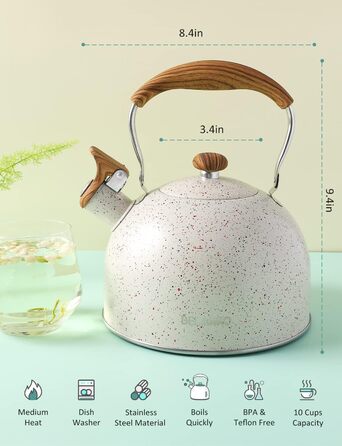 Чайник BELANKO 2,5 л з свистком, нержавіюча сталь, з дерев'ястим декором, складаний ручка, для чаю, кави, молока – блакитний (Starry White)