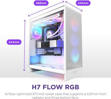Корпус NZXT H7 Flow для ПК ATX з покращеною вентиляцією | Підтримка 3 x 120 мм вентиляторів для охолодження відеокарти | 3 x 120 мм фронтальні вентилятори | Пластина для встановлення 420 мм кулера спереду | Flow RGB 2024, білий