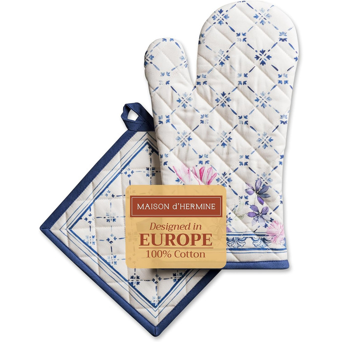 Maison d' Hermine Faience Oven Mitt + Pot Holders, 100% Cotton, Heat Resistant, Kitchen Oven Mitt (19.1 x 33 cm) and Pot Holders (20.3 x 20.3 cm) for Cooking, Grilling, Spring/Summer