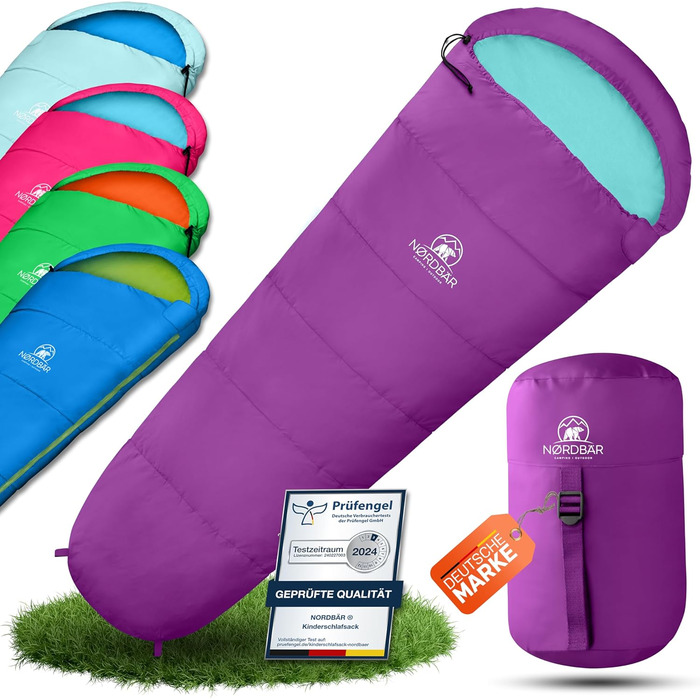 Дитячий спальний мішок для хлопчиків та дівчаток до 145 см | 100% бавовна | Мумійний спальник для кемпінгу | Легкий та теплий [1200г] | Кольори: фіолетовий/бірюзовий