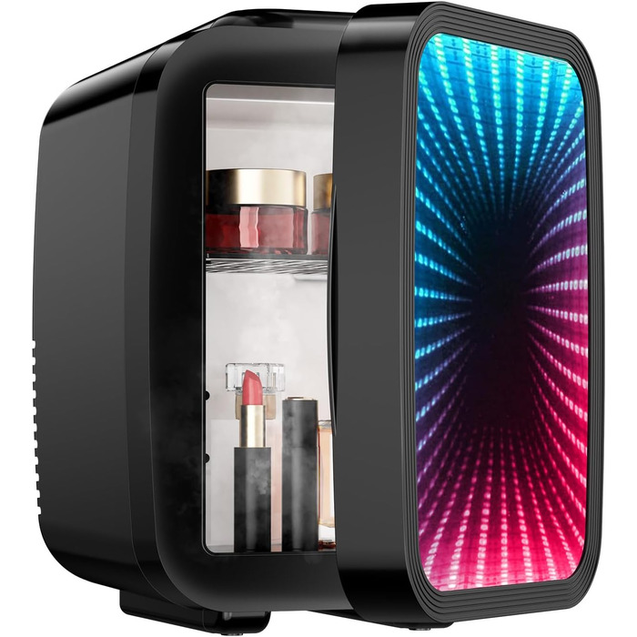 Міні холодильник MF01C з 7 режимами підсвічування та ефектом миготливої вивіски, тиха функція охолодження/підігріву, AC/DC, 4L/6 банок, для ігрової кімнати, спальні, офісу та авто, чорний