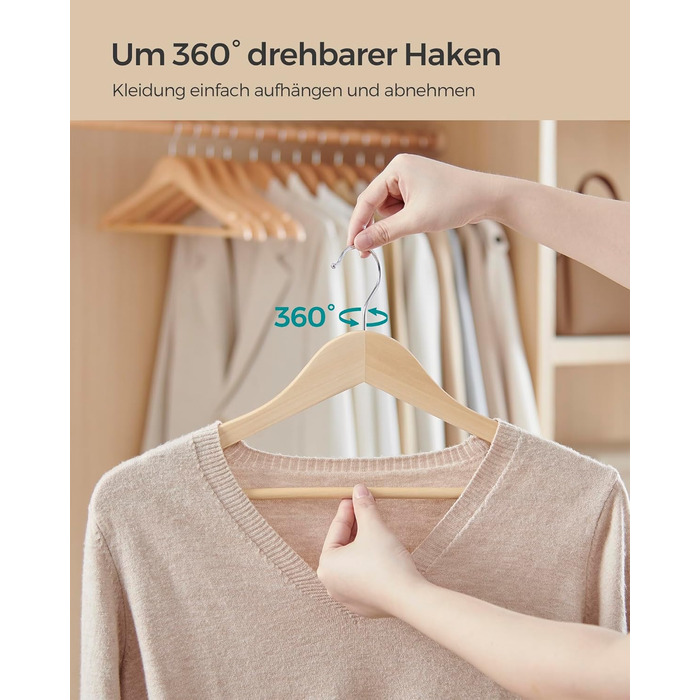 SONGMICS Wooden Clothes Hangers, 24-Piece Set, Wooden Hangers, Shoulder Indentations, Trouser Bar, Trouser Hanger, 360° Swivel Hook, for Jackets, Shirts, Coats, Natural Beige CRW010N24