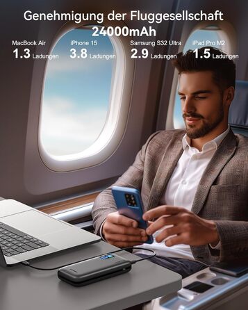 Power Bank AsperX 100W 24000mAh з LED-дисплеєм для ноутбуків, телефонів (iPhone 16/15/14 Pro), MacBook, iPad, Tablet, Steam Deck (сірий)