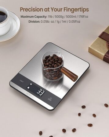 Кухонні ваги RENPHO Digital 5 кг, з 7 одиницями вимірювання, великий LCD-дисплей, платформа з нержавіючої сталі, вимірювання рідини, точність до 1 г