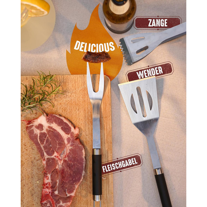 HORUS 23 Набір аксесуарів для гриля – 4 предметний набір: щипці, лопатка, виделка та термостійкий рукавичка