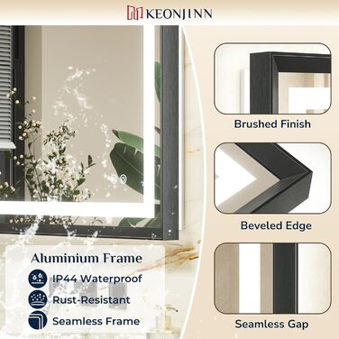 Дзеркало для ванної кімнати Keonjinn з підсвічуванням, чорний металевий каркас 60x80 см, антизапітніння, LED, сенсорне управління, 3 кольори світла, регулювання яскравості, функція пам'яті, настінне дзеркало