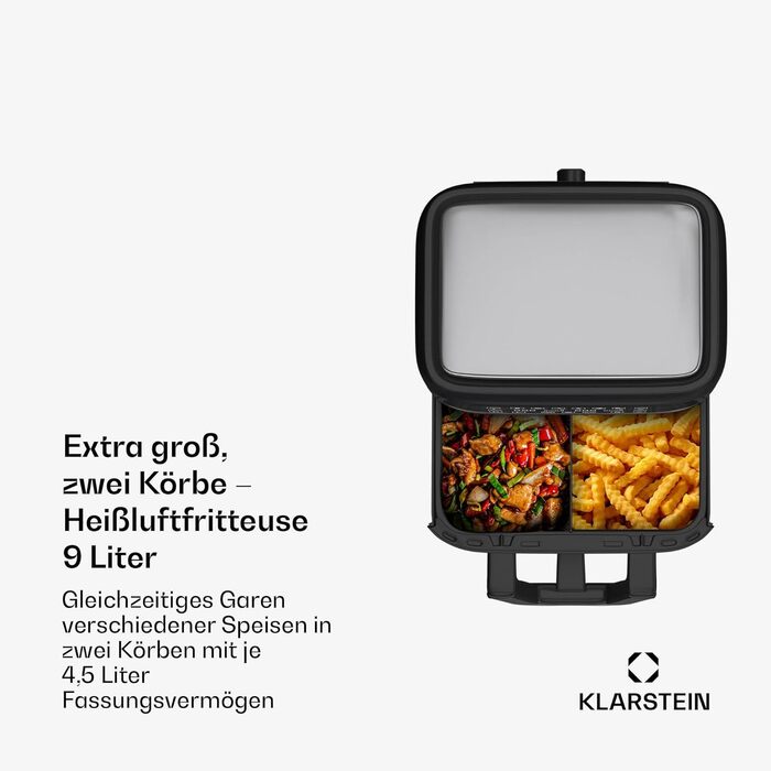 Klarstein Hot Air Fryer, Air Fryer with 2 Chambers, 2850W Compact Hot Air Fryer, 9L Air Fryer with Touch Control Panel, Timer, Preheating, 6 Modes, Large Hot Air Fryer, Air Fryer XL Black Duo Elegance