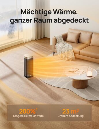 Електричний обігрівач DREO Solaris Slim H2, 2000W, керамічний, з термостатом, таймером, осциляцією, захистом від перегріву та нахилу, золотий