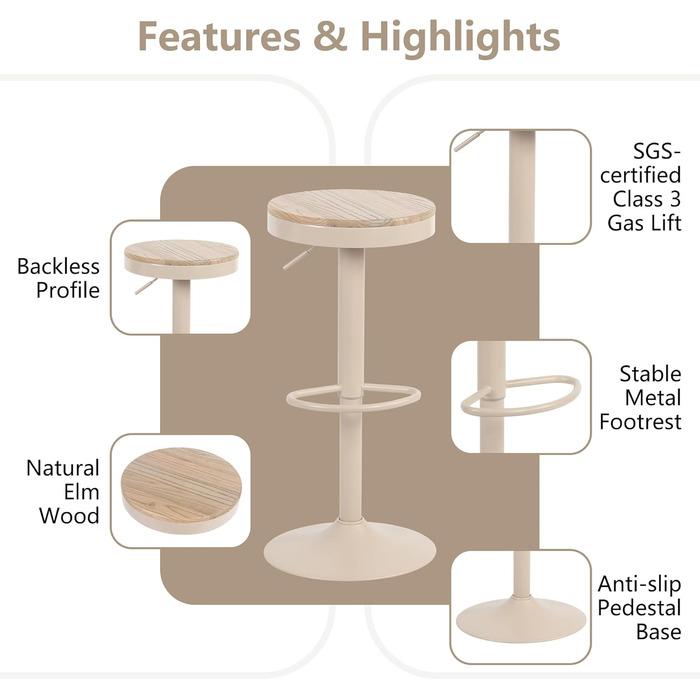 YOUNIKE Adjustable Bar Stools 2-Pack - Wooden Swivel Counter Height Chairs with Footrest for Kitchen & Bar (Vintage, Khaki)