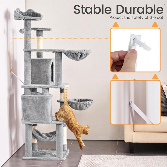 Кігтеточка Yaheetech XXL для котів, 175 см, для 3-4 котів, стабільна, з сизалевими стовпчиками, платформами, гамаком, м'ячиком, сірий колір