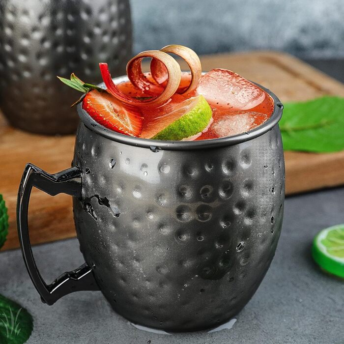 Moscow Mule Mug Set with 4 Black Moscow Mule Cups, 530 ml, Gunmetal Black Plated, Stainless Steel Cups, Double Measuring Cups, Chilled Cold Drinks, Cocktail Cups, Drinkware with Gift Box