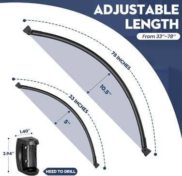 Вигнута штанга для душу, 107-190 см, регульована, чорна, кругла, для ванни, душової кабіни, з нержавіючої сталі, преміум-якість, потребує свердління
