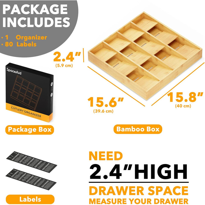 Органайзер для шухляд SpaceAid з бамбука з етикетками, 12 відділень, для кухні, столових приладів (ложки, виделки, ножі), натуральний колір